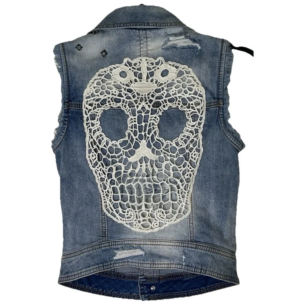 Harley-Davidson Womens‎ XS Denim Vest Skull Back Crochet Panel Biker Moto Blue